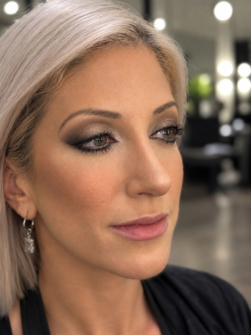 The finished bridal look photographed from three-quarters, eyes open