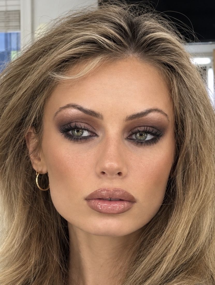 Deep smoky eye with soft bronzed cheeks and a glossy nude lip